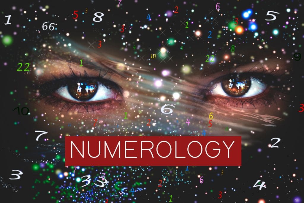 This image features a close-up view of a person's eyes, overlaid with various colorful particles and numbers of different sizes, evoking a mystical or cosmic feel. The word "NUMEROLOGY" is prominently displayed in bold red letters across the center. This combination of elements suggests themes of mystery and the exploration of deeper insights through numerology.