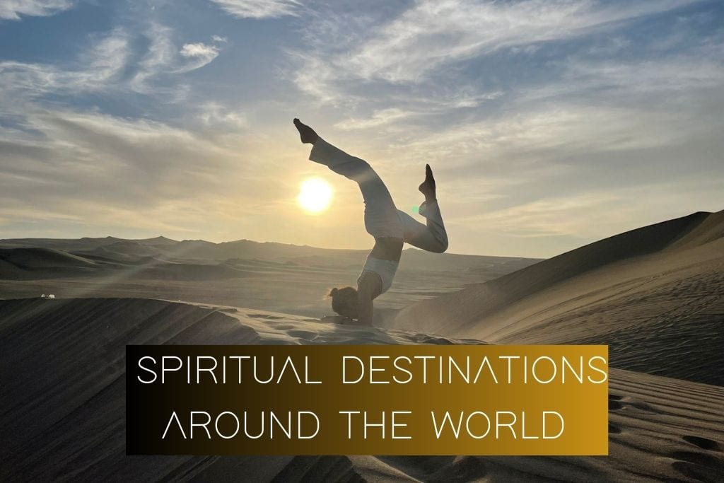 A person performs a yoga pose at sunrise on a vast desert landscape, with the sun casting long shadows on the sand dunes. The image is overlaid with text reading 'Spiritual Destinations Around The World' in a bold, yellow font, suggesting a theme of travel and spirituality.
Sabiduri is going to point out for you all the spiritual places around the world!