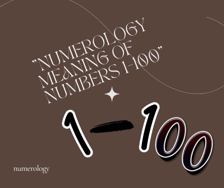 The image features the text "Numerology Meaning of Numbers 1-100" in a stylized font, set against a brown background with abstract lines. Below the text, the numbers "1" and "100" are prominently displayed in bold, outlined characters. The word "numerology" appears in the bottom left corner. The overall design has a modern and mystical aesthetic. Image used for the article Numerology Meaning of Numbers 1 to 100.