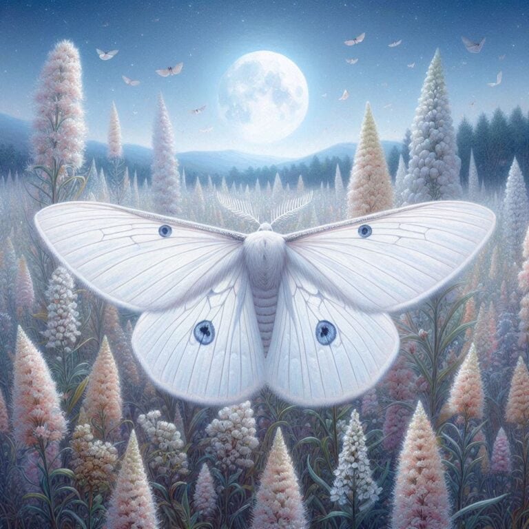 A stunning image of a large white moth with its wings fully spread, displaying delicate black spots and fine, vein-like lines. The moth hovers in a surreal, moonlit landscape filled with tall, fluffy, pastel-colored plants. Image used for the article symbolism of a white moth.