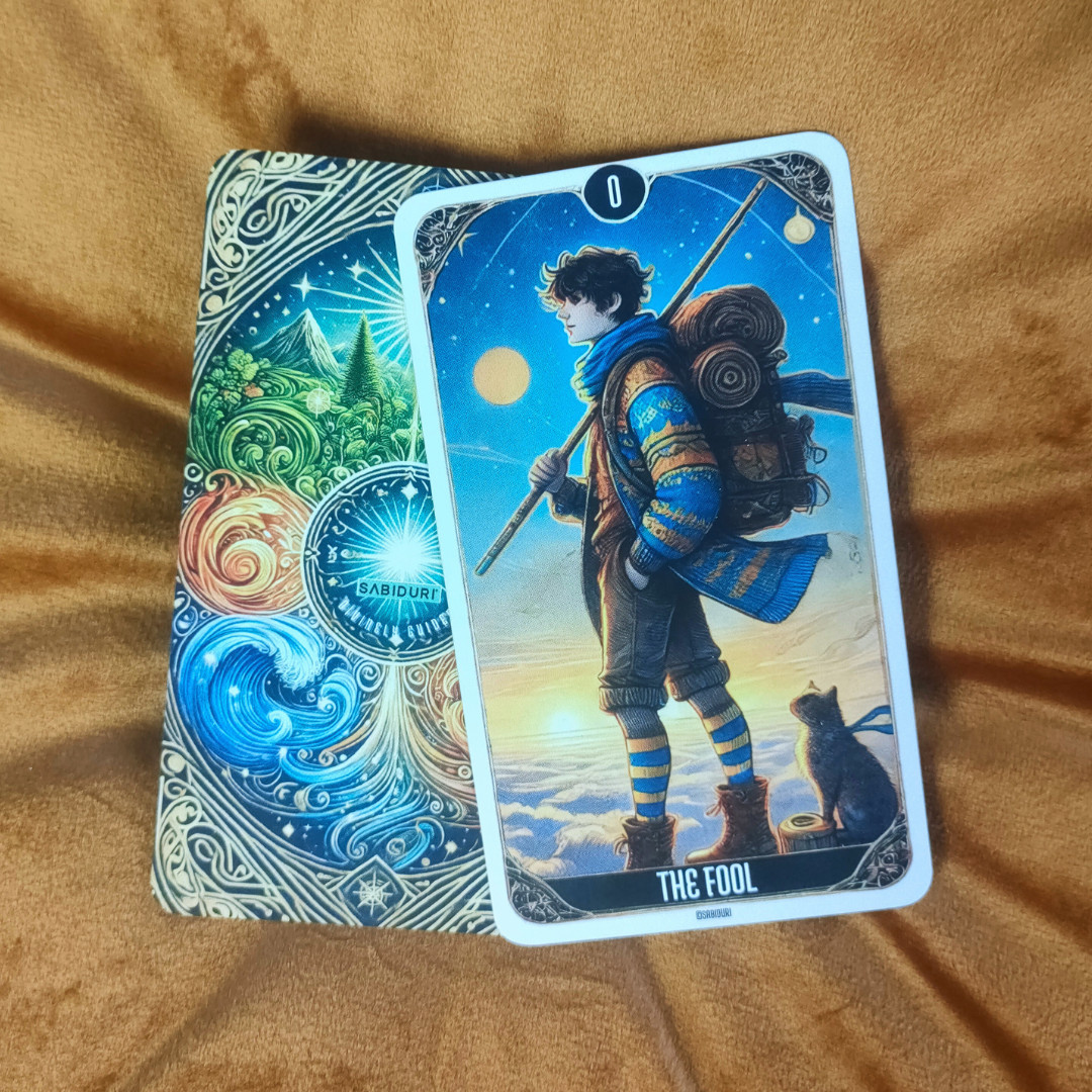 A whimsical tarot card showing a young figure with a backpack, walking towards the horizon with a dog by their side. The background features stars and a bright sky, symbolizing new beginnings and adventures.