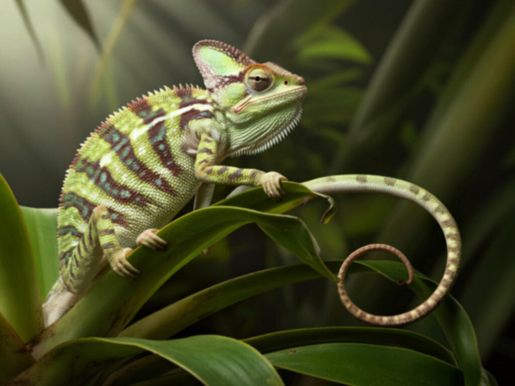 Chameleon Spirit Animal: What It Reveals About You? Close-up of a chameleon on green foliage, showcasing vibrant colors and textured skin.